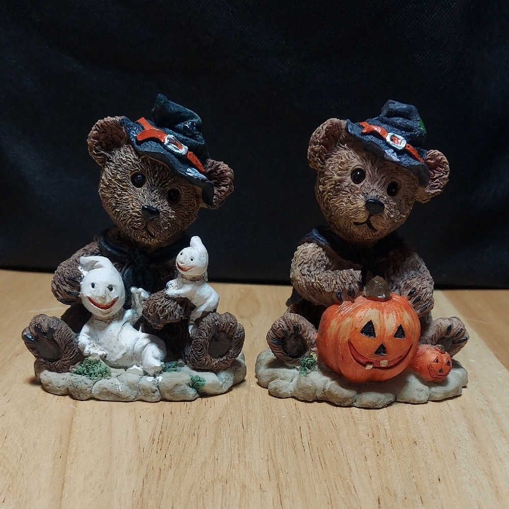Vintage Halloween Bear Resin Figurines with Pumpkins and Ghosts